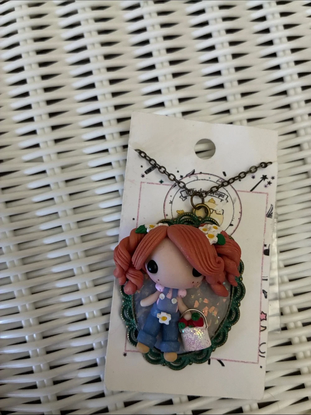 Unbranded Kids Red-Haired Doll Pendant Necklace with Green Frame